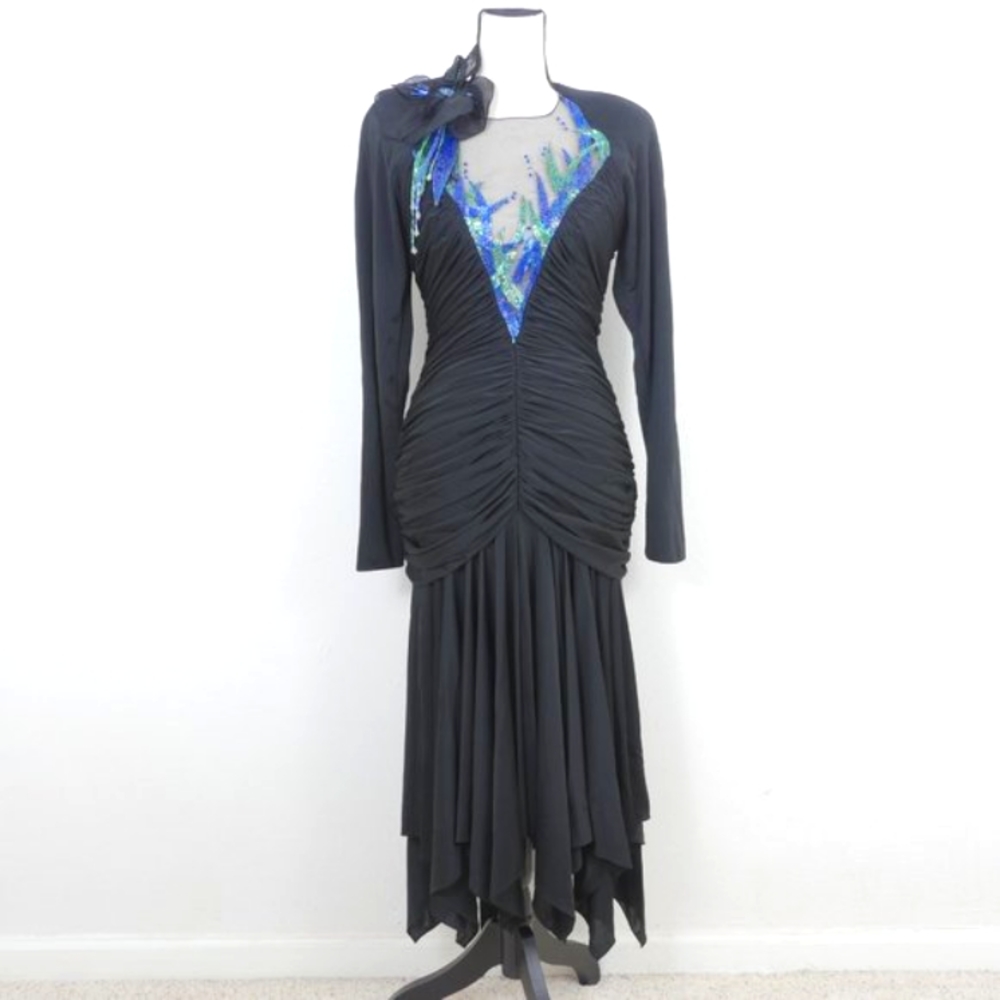 Casadei Beaded Sheer Neck OpenBack Gathered Uneven Hem SZ 4 Formal Unique Dress